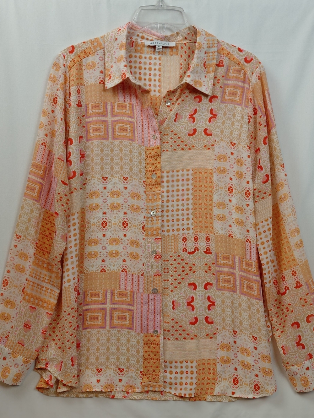 Rose +‎ Olive Patchwork Blouse Women's Size X Large Floral Pink Orange